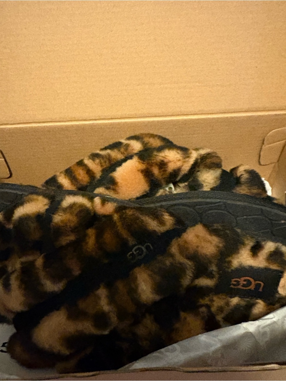 UGG Leopard Faux Fur Crisscross Slide Slippers - Brown & Black - Picture 2 of 4